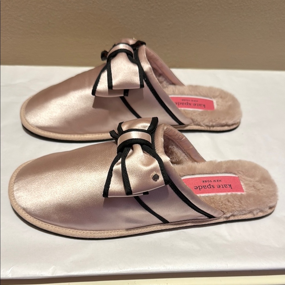 NWOT Kate Spade Pink and Black Slippers with Bow Detail and Faux Fur - Picture 9 of 14